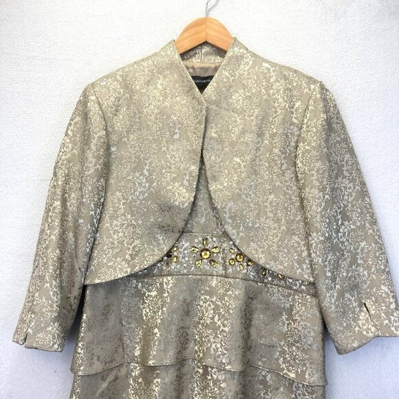 R&M Richards Tiered Dress & Jacket Set Womens 14 Gold Formal Sequin Rhinestone - Picture 3 of 16